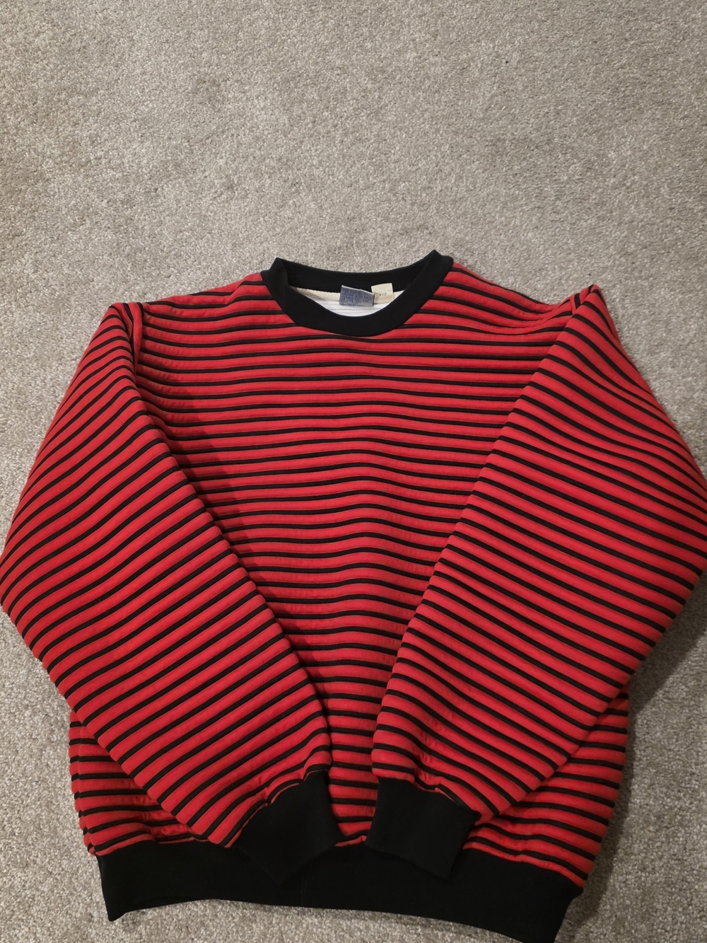 Men's Red and Black Striped Crewneck Sweater